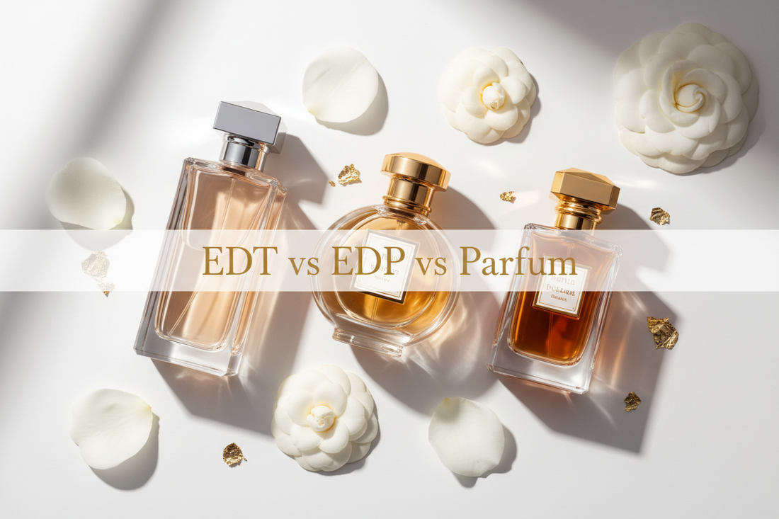 EDT vs EDP vs Parfum - tres frascos de perfume elegantes con flores blancas